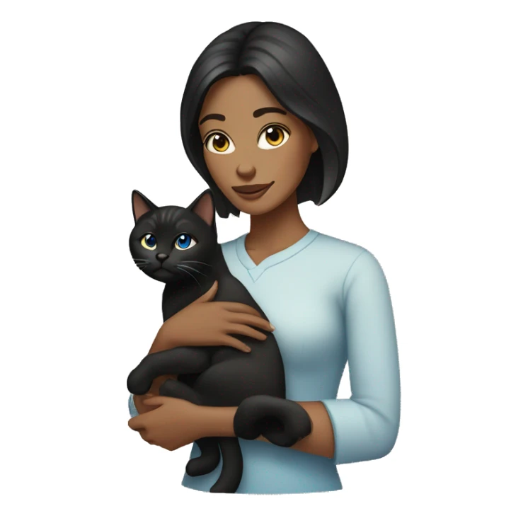 woman with black hair and blue eyes holding a tabby cat sticker