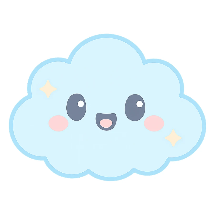 chibi cloud character, soft and fluffy, open mouth smile, pastel blue, sparkles, gentle lighting, kawaii vector sticker sticker