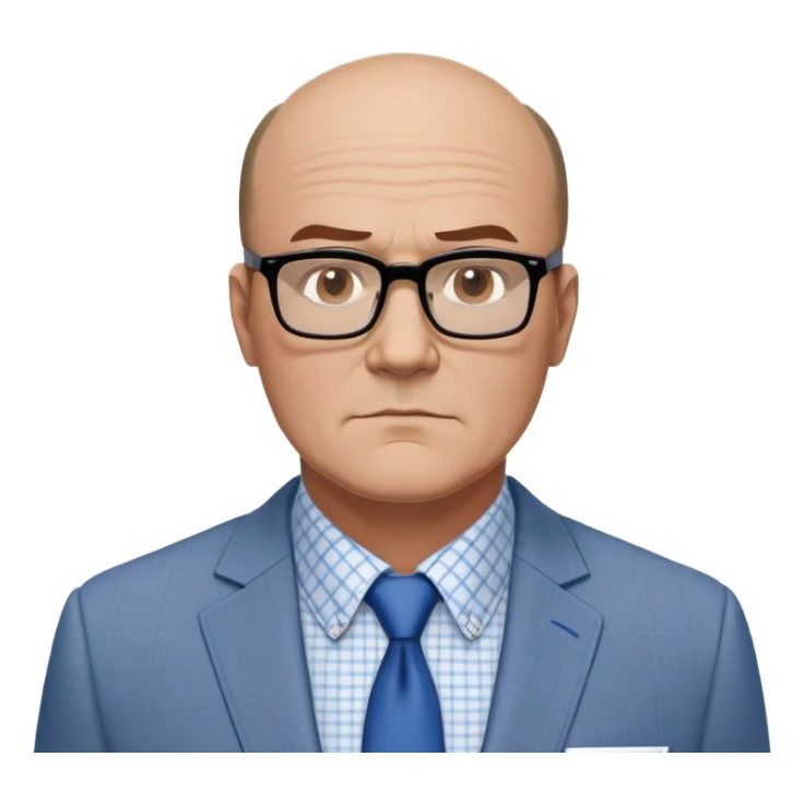 Larger 50-year-old man with extremely wide square face and big square jawline. Balding with hair on top but very little on sides. Large dark square-framed glasses. Serious expression. Wearing a light gray blazer that accommodates his bigger build, white button-up shirt with blue checkered pattern. sticker