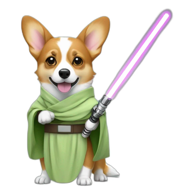 Corgi dress as yoda with one light saber green sticker