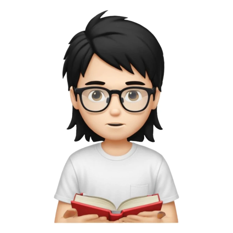 generate a pretty fair bratz boy with a long messy mullet (black hair), wearing a white tshirt. Reading a book. He has spectacles on.  sticker