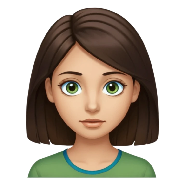 long dark brown hair with highlights in the front, big blue eyes clear skin with neck and green top on add long eyelashes sticker