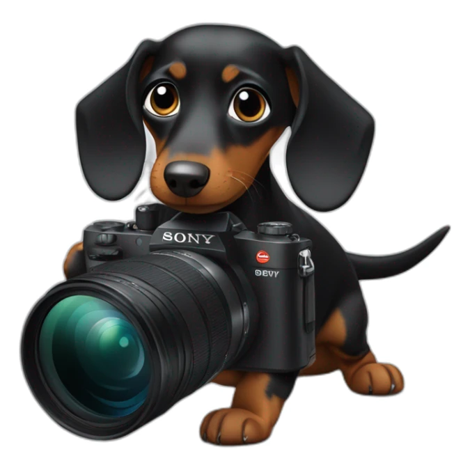 a black dachshund dog holds a SONY camera in its paws sticker