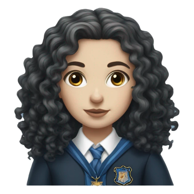 Hyper realistic White girl with long black curly hair wearing a ravenclaw school inform sticker