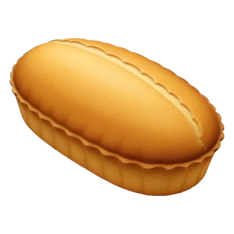 A madeleine pastry. Oval shaped with vertical lines going in the same direction as the oval. Light golden brown. Scalloped edge. Cookie. Stretched out oval sticker