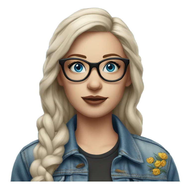 Create a Hyper Realistic pale beautiful tattooed 3D woman with glasses and blue eyes wearing denim jacket sticker