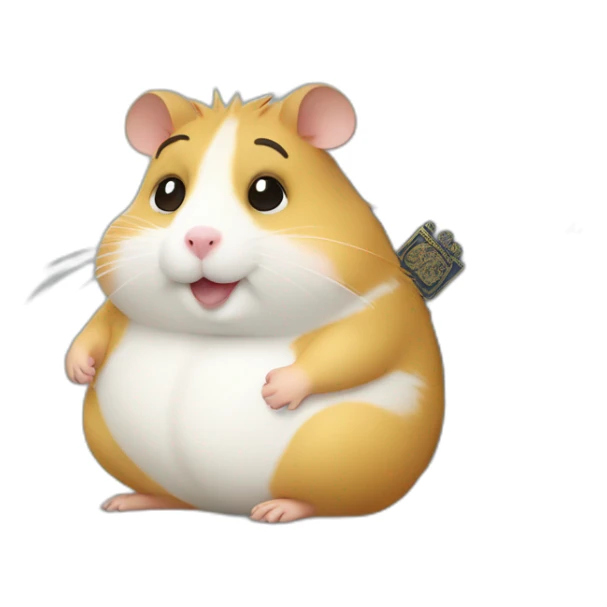 Fat hamster is sitting and holding a passport sticker