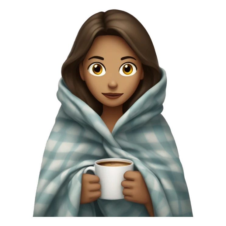 girl inside a blanket sipping coffee eyes brown, brunette with fair skin sticker