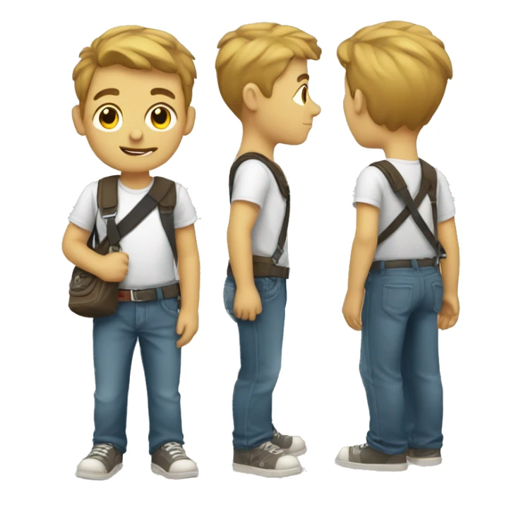 A boy wearing a sling bag across his body and holding strap with his hand sticker