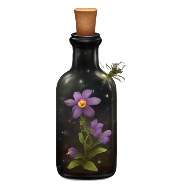 Black magic fairy light sparkling old Antique bottle with poison and with herbal and flowers sticker