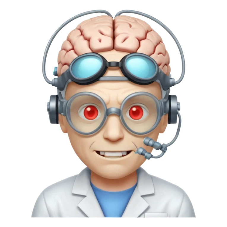 mutant scientist portrait, head and shoulders only, exposed glowing brain, broken goggles, evil smile, mad lab vibe, 3D cartoon, mobile game icon style, clean background, no text, no watermark

 sticker