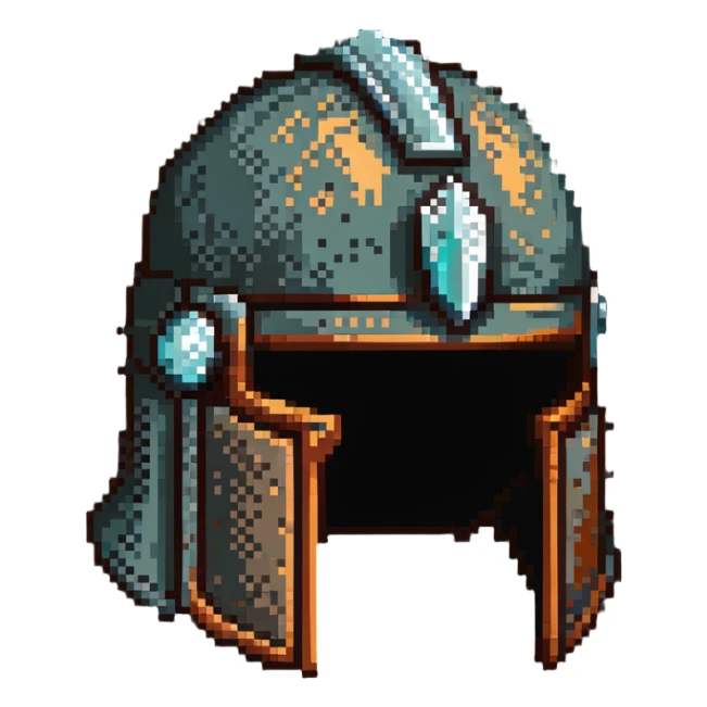 Ancient knight's helmet with light rust patina and worn appearance sticker