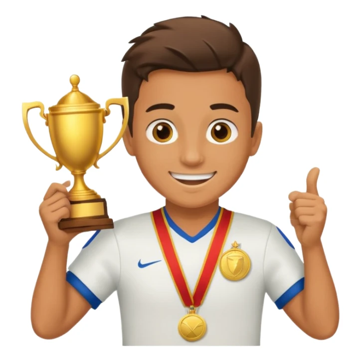 happy soccer player with a first-place medal and a trophy sticker