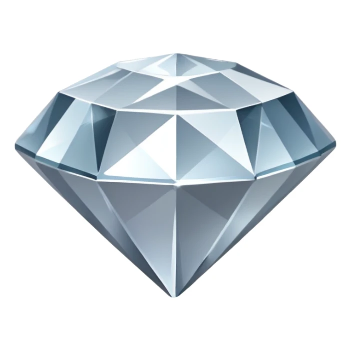 A faceted diamond emoji made of silver chrome, smooth reflective surfaces, soft metallic shine, minimalistic and clean design, iOS emoji style, centered on white background, soft studio lighting sticker