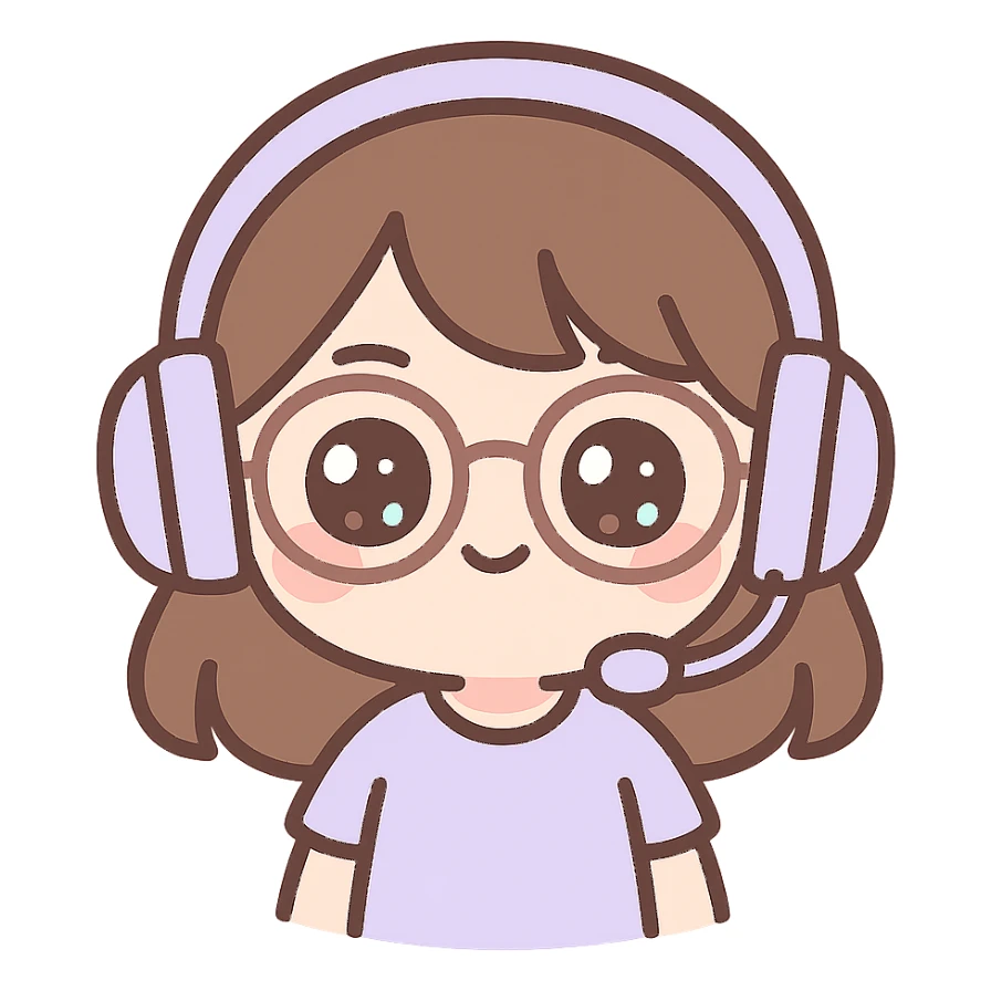 female brunette wearing glasses and a purple gaming headset, chibi style sticker