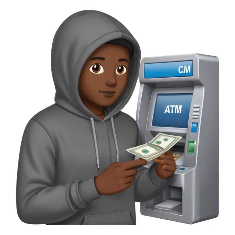 scammer withdrawing money from ATM sticker