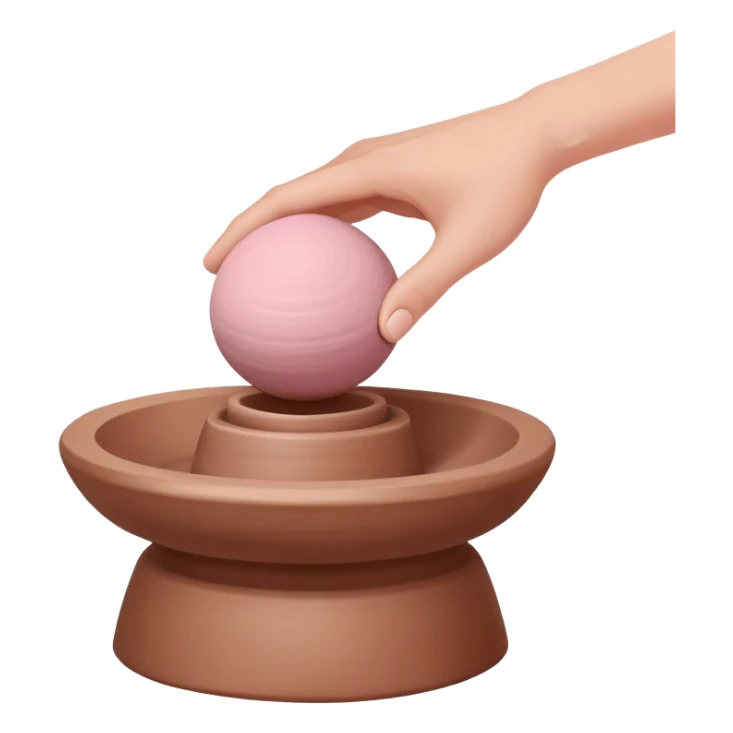 one hand centering a pink ball of clay on an empty pottery wheel, pressing down with palm to center it sticker