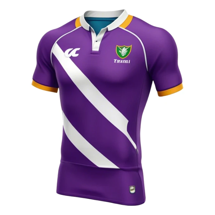 Cinematic Realistic image of a rugby jersey rendered in bold, dynamic team colors with intricately detailed fabric textures and natural creases, illuminated by dramatic stadium lighting sticker