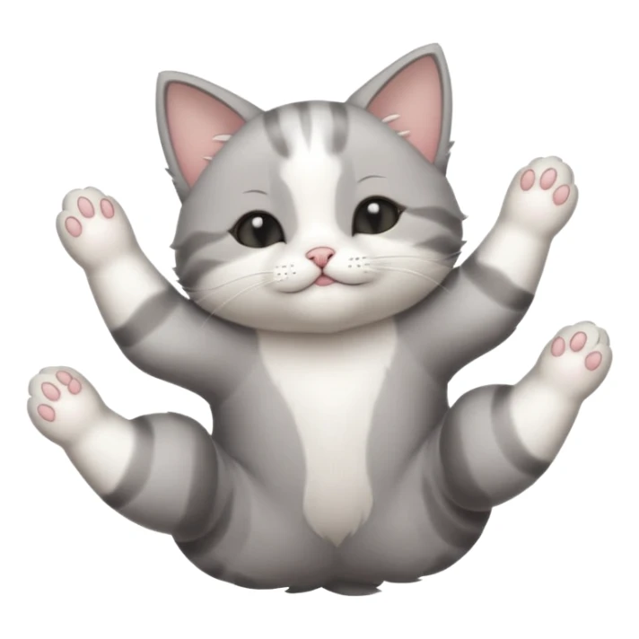 grey and white small cat with eyes closed lying down upside down with paws stretched out straight in different directions sticker