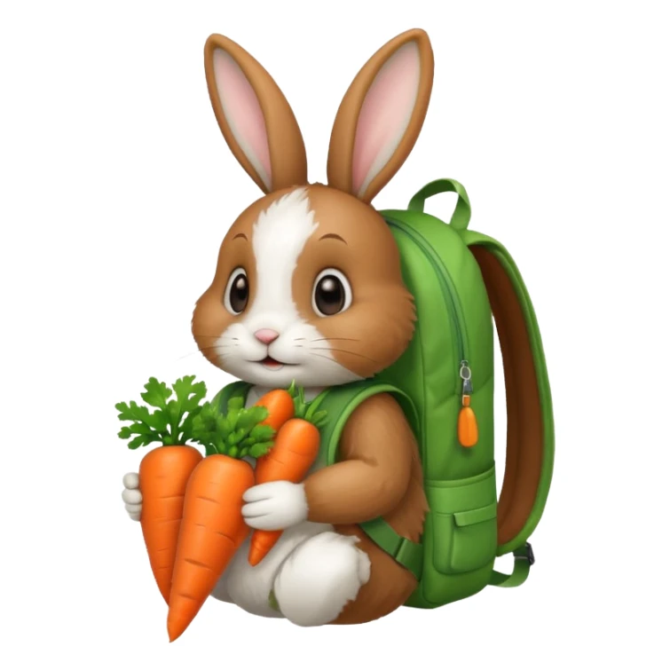 A brown & white, bunny with a green backpack, holding a carrot sticker