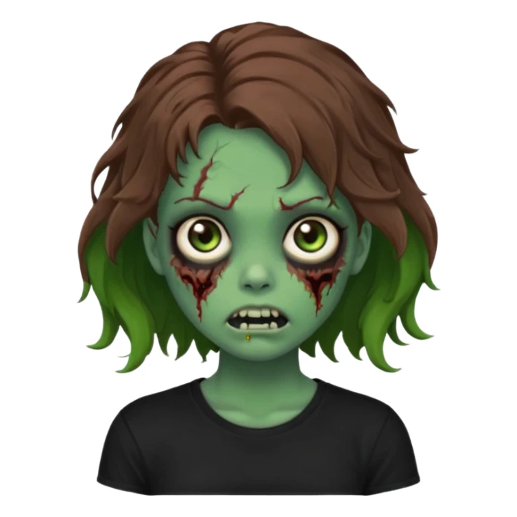 crie um emoji de uma garota zoombie pele verde e cabelo castanho, assustadora e fofa com cabelo ondulado 2b e camiseta básica preta sticker