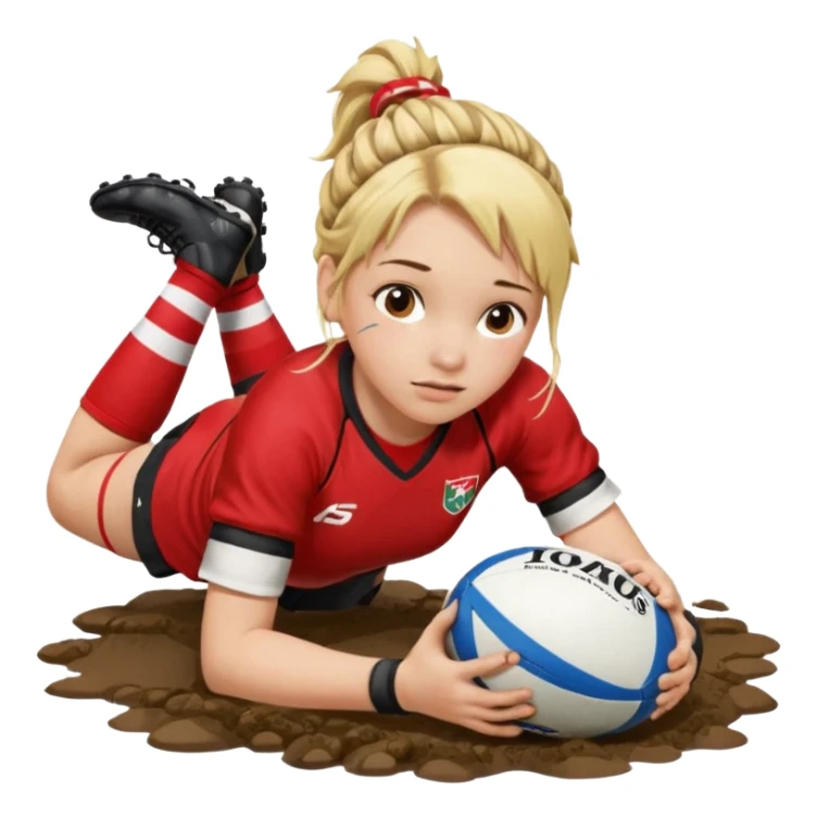 Emoji estilo iPhone de Chica de pelo rubio tirada en el suelo boca abajo agarrando un balón DE RUGBY con las manos vestida con una equipación de color rojo y blanco con líneas, manchada de barro y con unas botas de tacos de fútbol y el pelo con trenzas, se la tienen que ver las 2 piernas  sticker