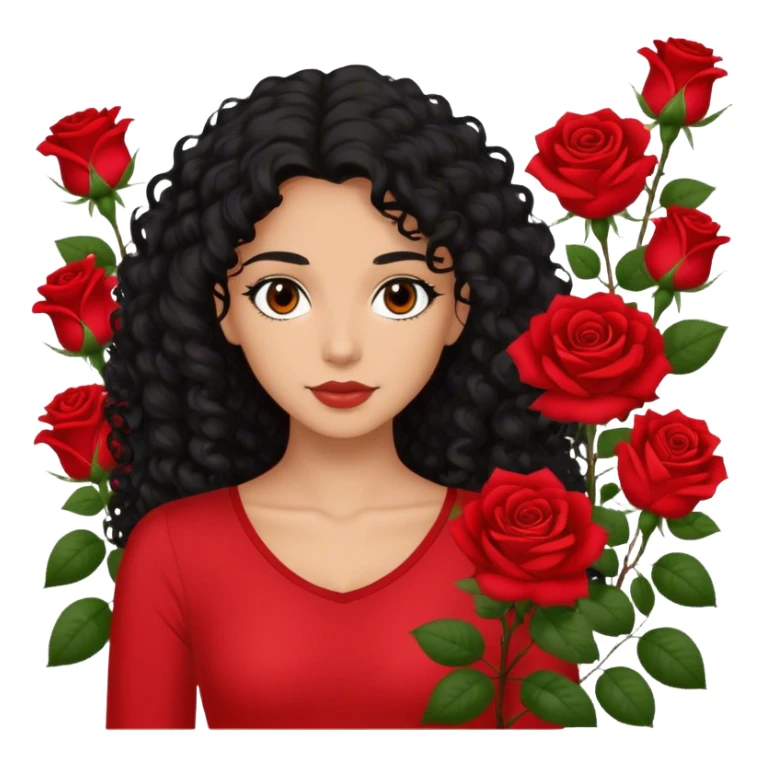 Brown eyes black curly long hair red roses backdrop ted top  sticker