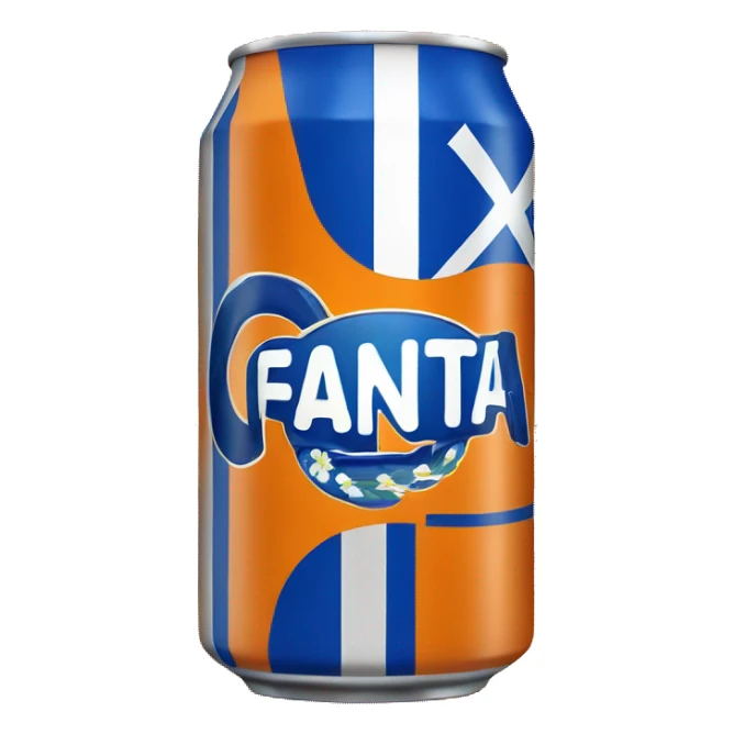 Blue Fanta can with Greek flag printed. An orange next to it sticker
