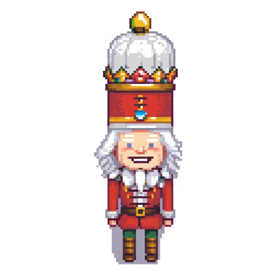 profile picture of a nutcracker toy, minimalist human, retro game style, white hair, visible teeth, classic nutcracker hat sticker