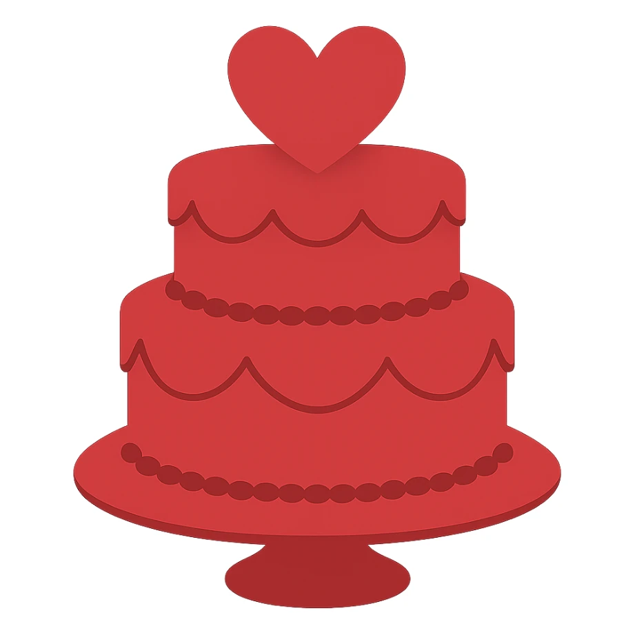 Remove gold accents from the red wedding cake with two tiers and hearts. Keep the background transparent. The original style is emoji style, so maintain a simple and concise emoji-like appearance. sticker