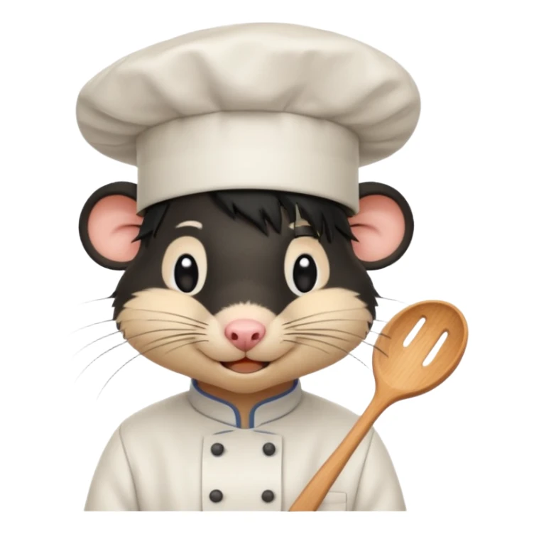 A rat with a fringe, long black hair and chefs hat sticker