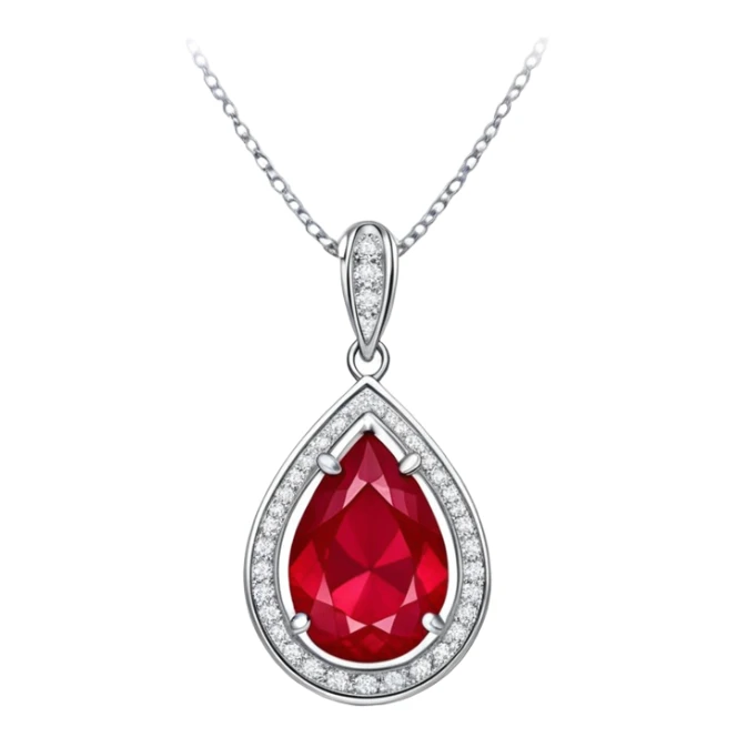 teardrop ruby pendant with silver chain and white stones, glowing with passion and renewal sticker