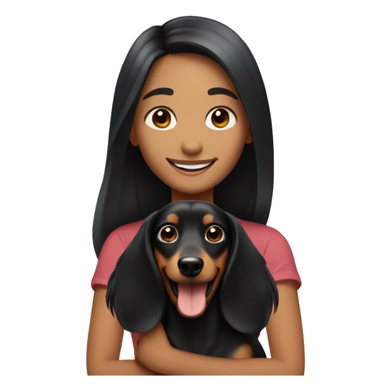 happy girl with long black hair with a daschund sticker