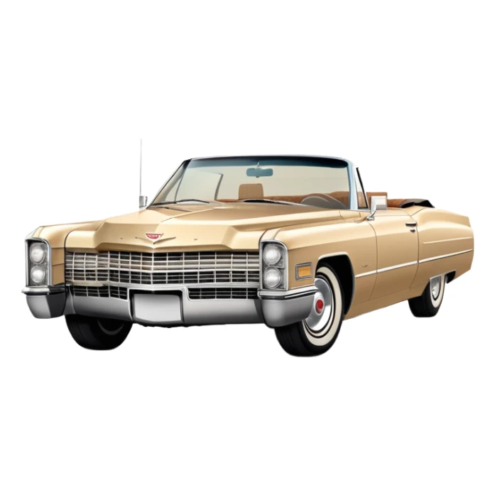 Iconic beige 1966 Cadillac DeVille with distinct front grille and headlights, precise three-quarter view at 30 degrees, authentic vintage luxury proportions, as seen in Once Upon a Hollywood, iOS emoji style sticker