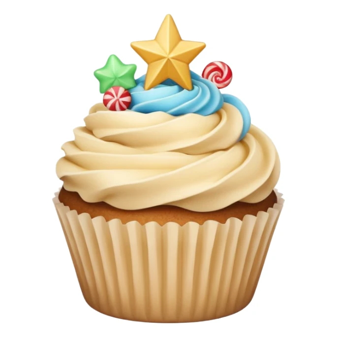 cupcake with beige frosting and a star-shaped candy sticker