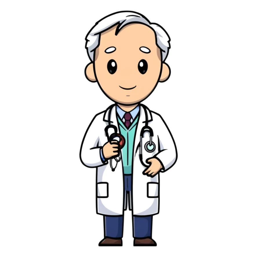 professional mature male doctor around 60 with stethoscope and white coat sticker