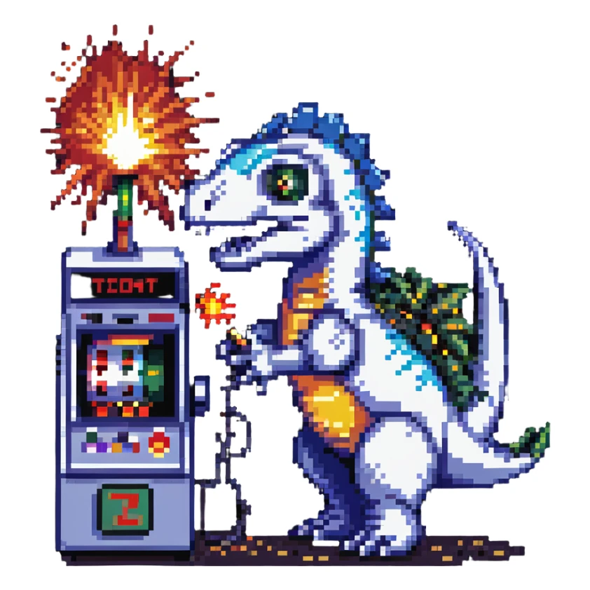robot dinosaur shooting lasers from its eyes while playing a slot machine, with a big explosion in the background, pixel art style sticker