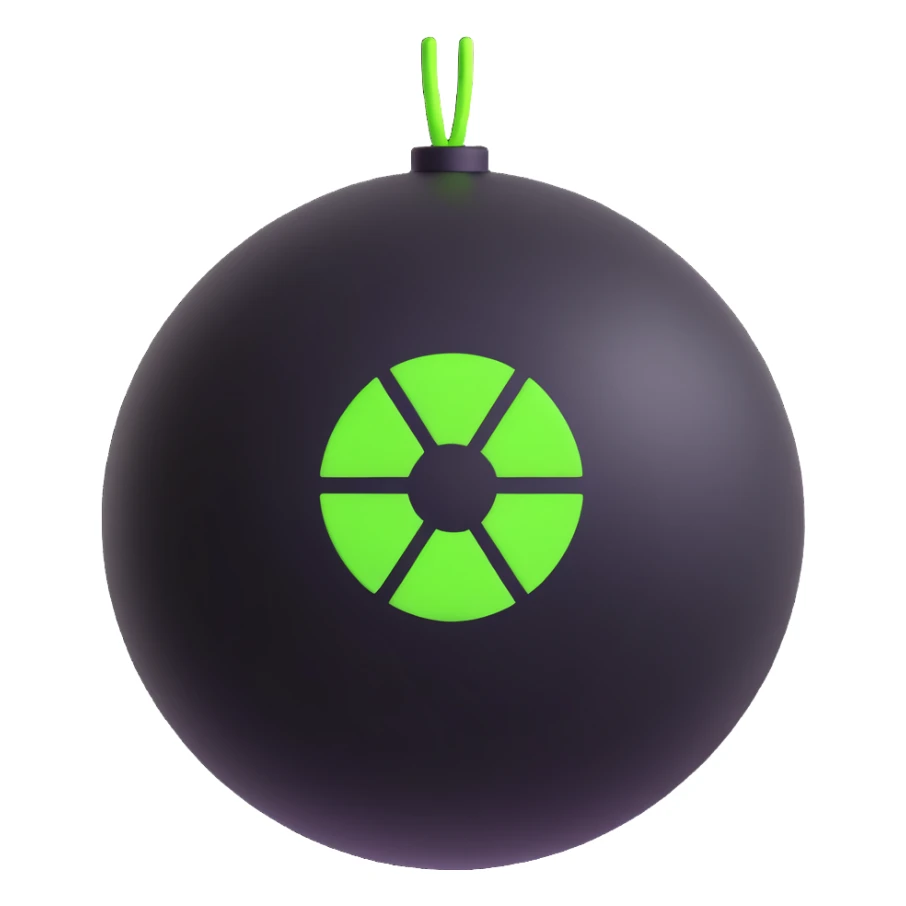 black spherical bomb featuring a neon green nuclear symbol sticker