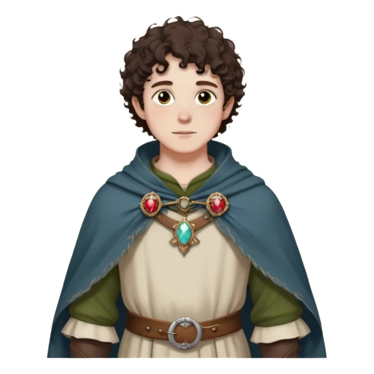 medieval spring outfit worn by a DnD themed fantasy male character. thin wool tunic with a light cloak draped over one shoulder, secured by a wooden brooch. clothes only above the waist. The clothes full waist. The character's haven't arms. character is white-skinned, dark brown hair, hazel eyes, short curly hair. sticker