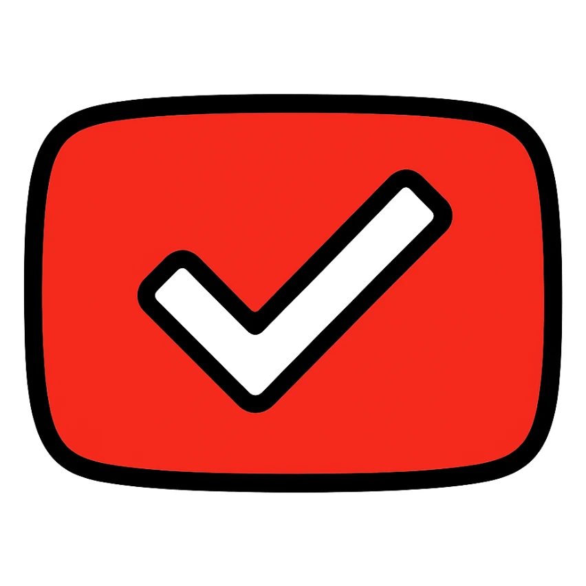 YouTube-inspired check mark with red and white color scheme, modern and clean digital badge style sticker