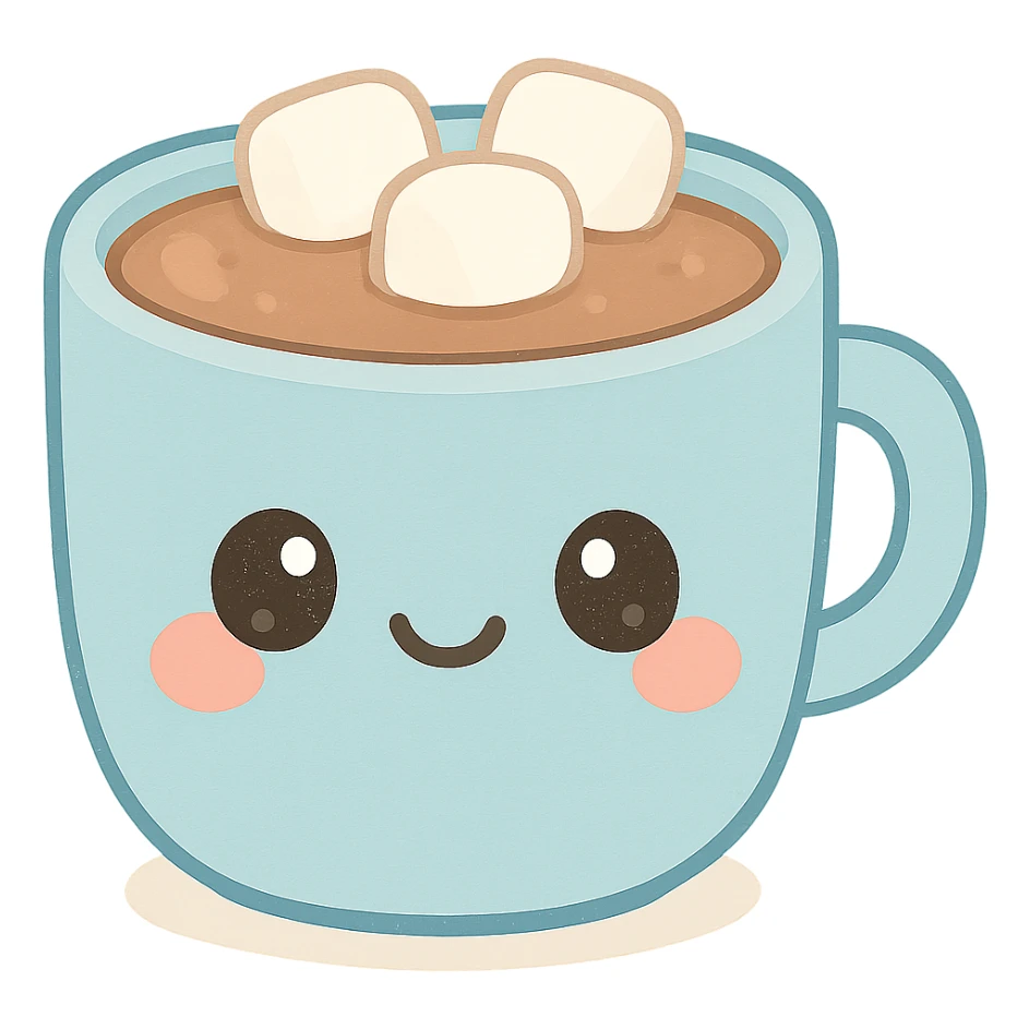kawaii mocha in a blue mug, blushing cheeks, topped with marshmallows, cartoon style, happy expression sticker