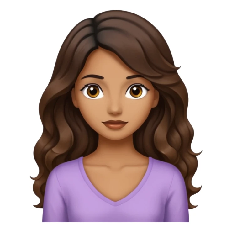 A woman with a medium tan skin tone, slightly on the darker side, with long wavy dark brown hair that reaches the middle of her back. She has black eyes. Her face is soft and feminine sticker