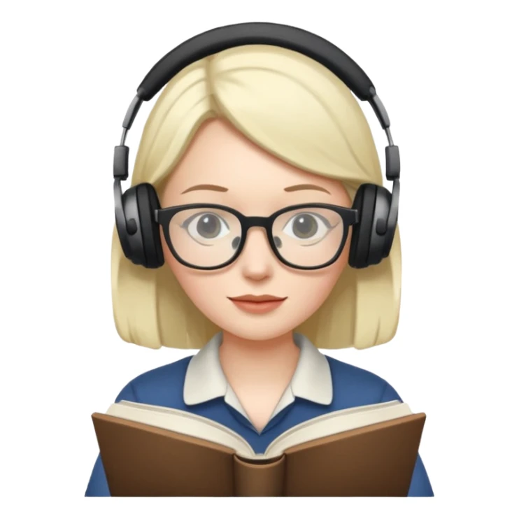 person with headphones and a book sticker