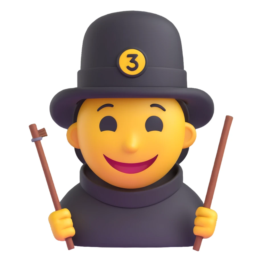 3D smiley emoji, round shape, chimney sweep hat, lucky face sticker