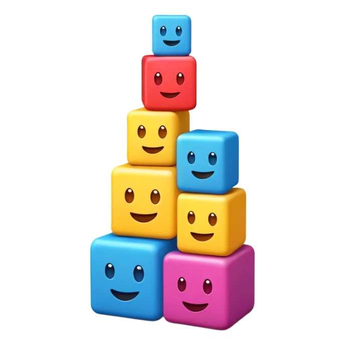 emoji-style cubes stacked on top of each other forming a playful tower, bright colors, simple and expressive faces on some cubes sticker