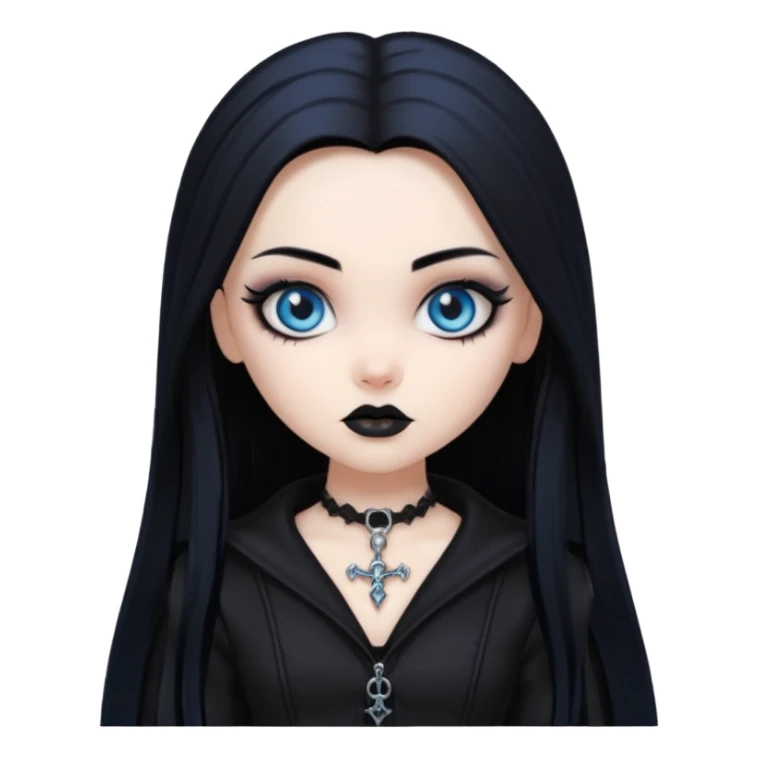 goth bratz baddie, beautiful blue eyes, gothic black makeup, long straight black hair, black gothic hair styled, black goth clothes sticker