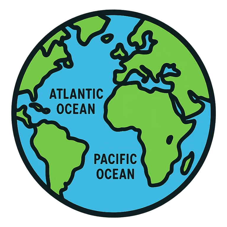 globe icon with intricate details, including shaded continents, labeled oceans, and black outlines, lineal color style sticker
