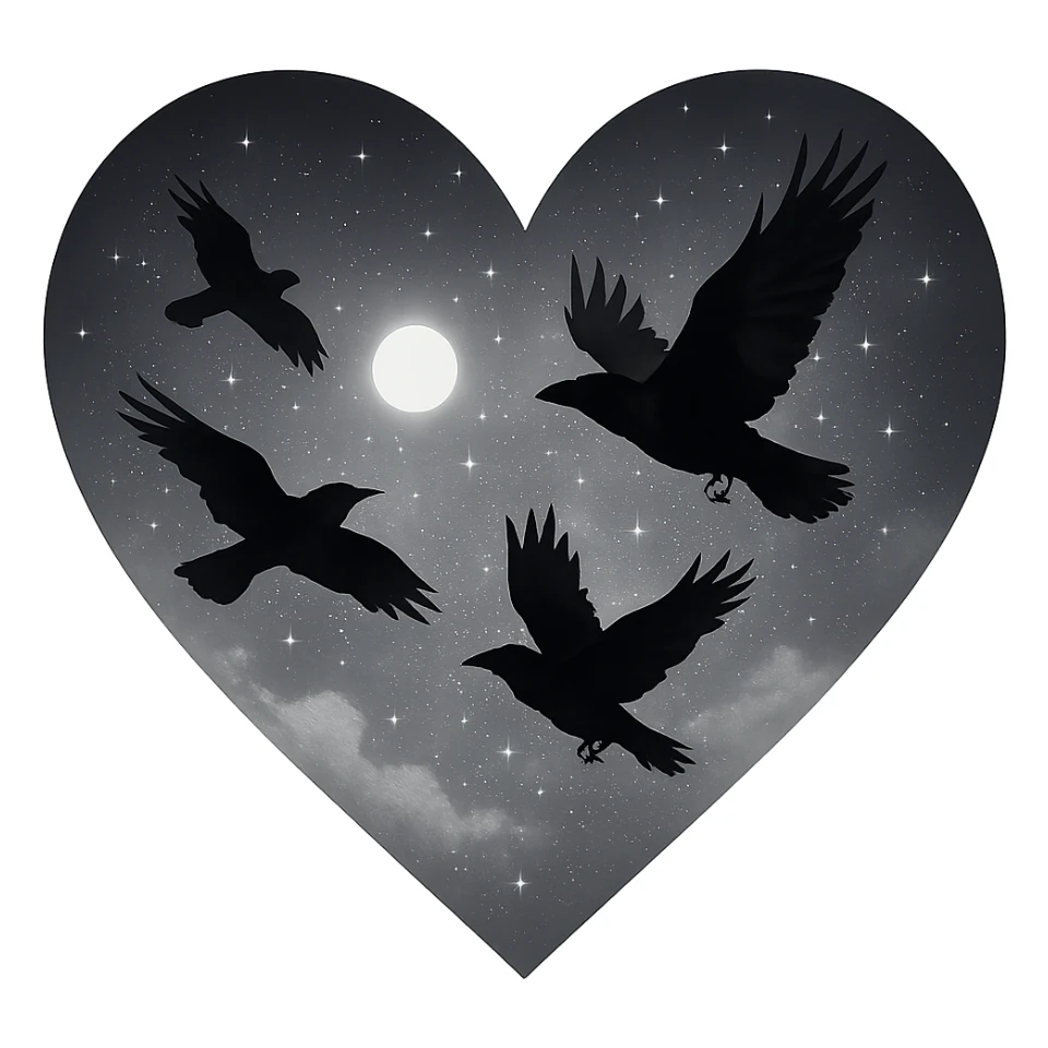  heart with white night sky and dark ravens, remove background sticker