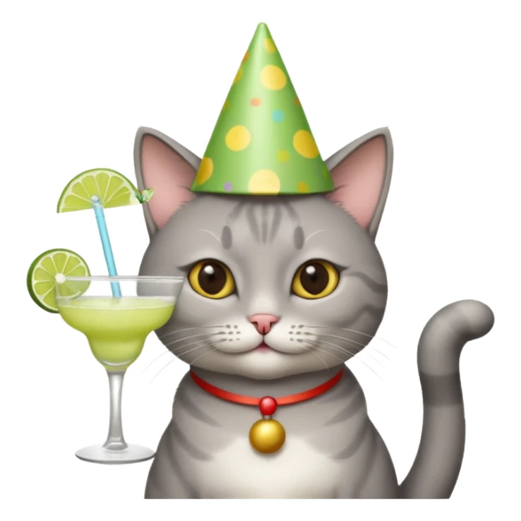 A grey cat is wearing a party hat, and drinking a margarita. sticker