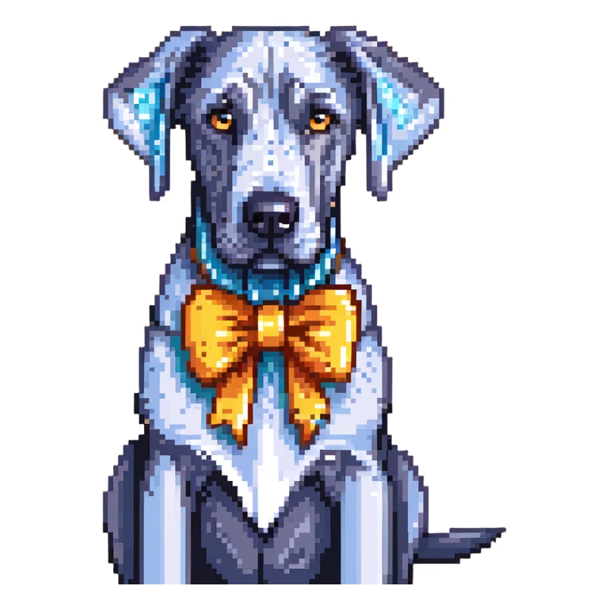 Blue Great Dane dog with a sparkly bow on its ear, pixel art style sticker